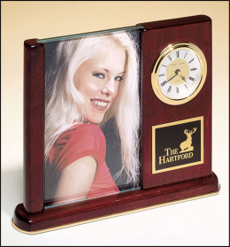 Rosewood Piano-Finish Desk Clock with Glass Picture Frame